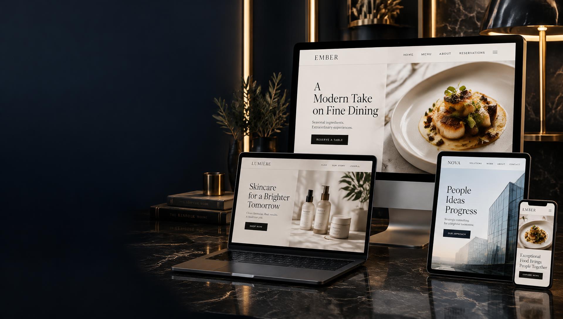 Premium website designs shown on a desktop monitor, laptop, tablet and smartphone